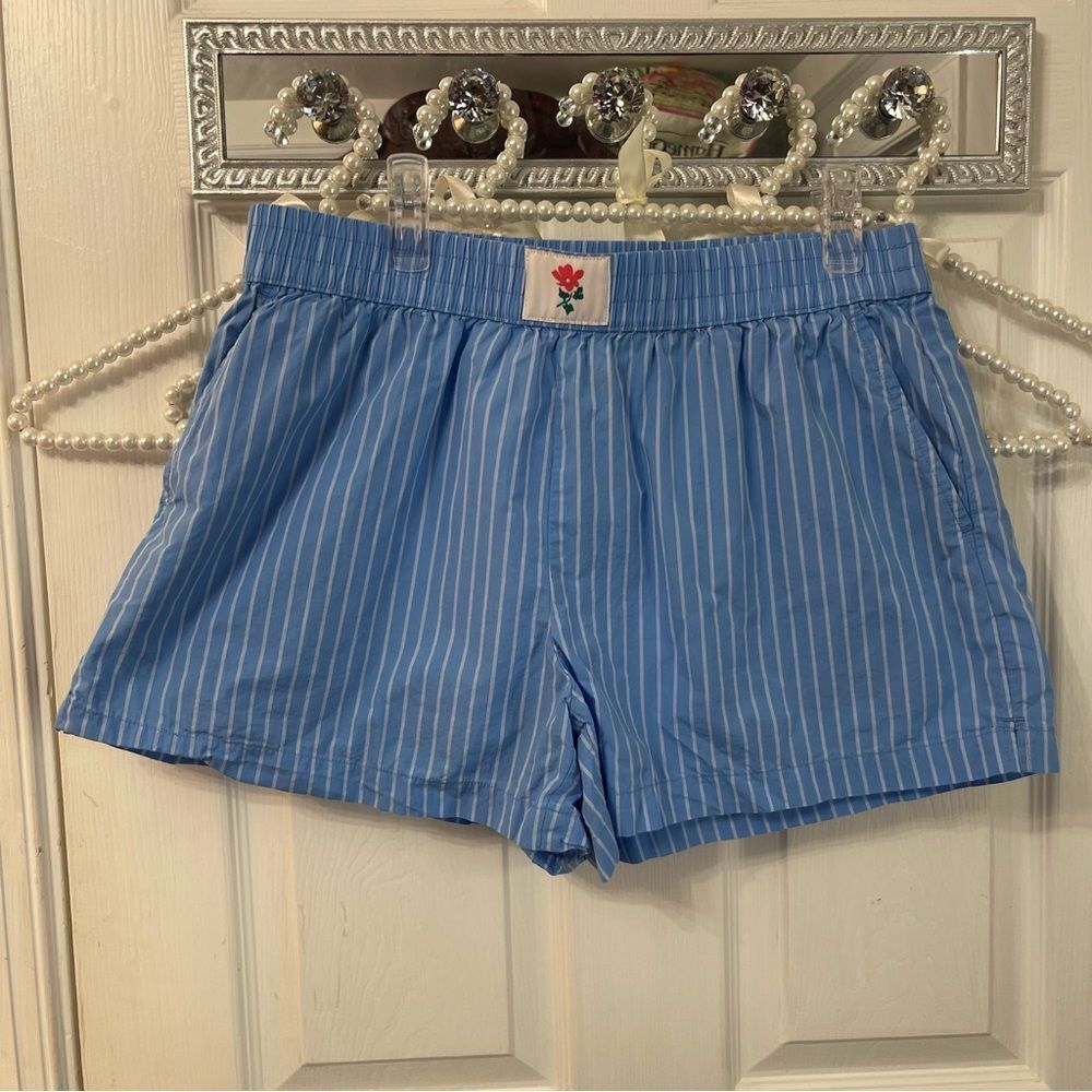 Blue Striped Boyfriend Shorts with Rose Patch
